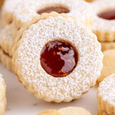 square close up image of a linzer cookie