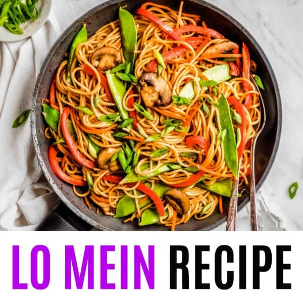 square image of lo mein with text