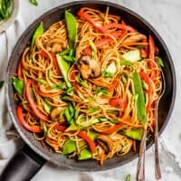 Lo Mein is such a delicious and easy healthy meal! This Asian noodle dish is loaded with veggies and you can have it on the table in less than 15 minutes!