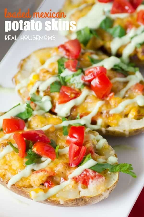 These baked LOADED MEXICAN POTATO SKINS are a fun appetizer that has loads of Mexican flavor to make you keep coming back for more!