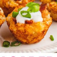 close up of loaded tater tot bites on a plate with recipe name at the bottom