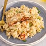 square image of a plate of lobster risotto with a fork