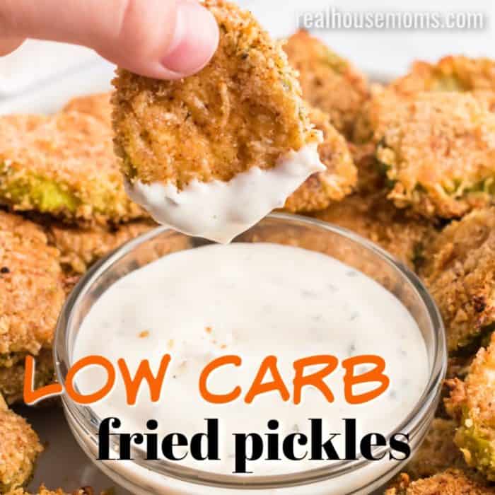 square image of low carb fried pickles with text