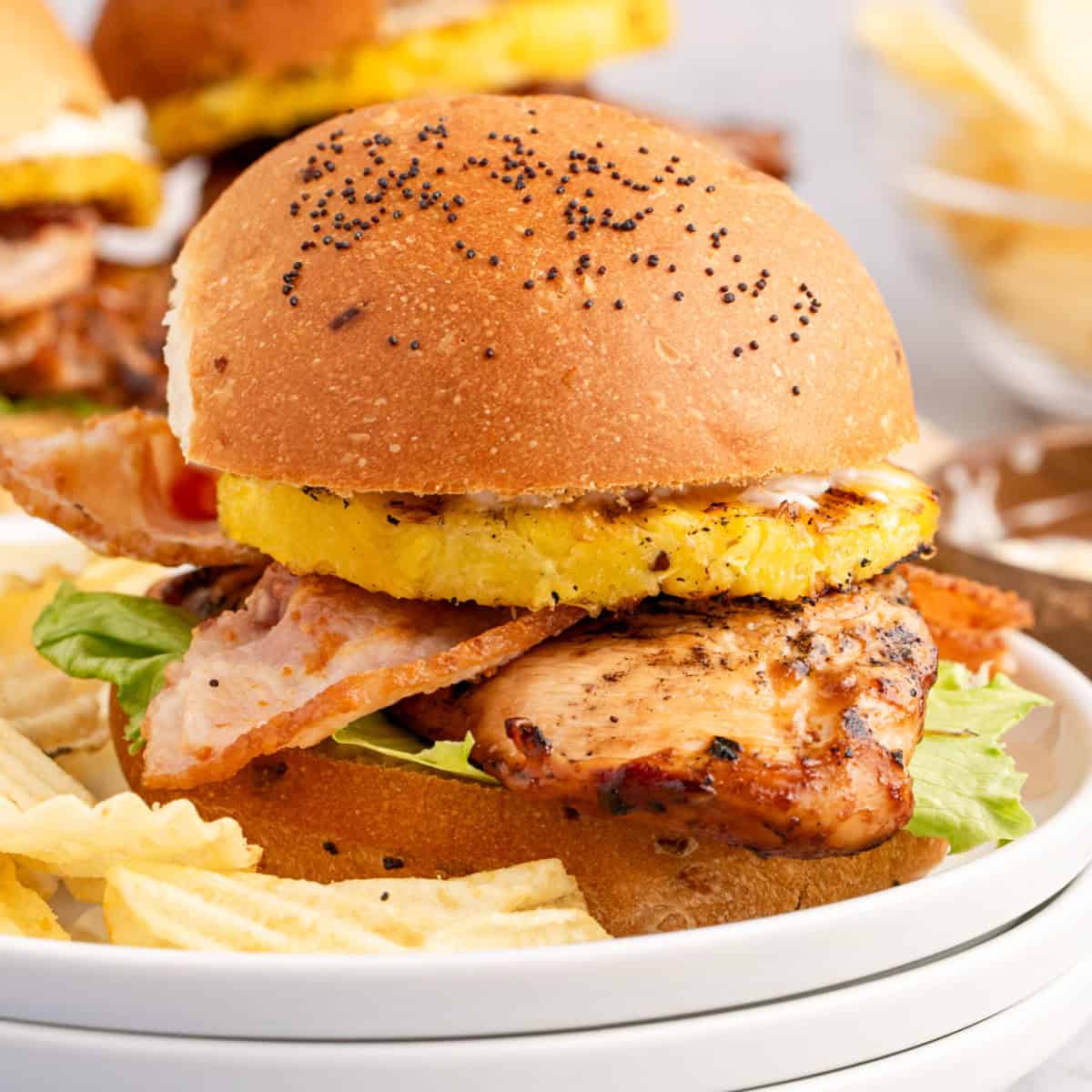 square image of a luau chicken sandwich on a plate with potato chips
