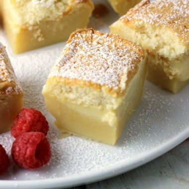 Magic happens in the oven when you make MAGIC CUSTARD CAKE! A simple mixture of milk, eggs, sugar, butter, vanilla, and flour is magically transformed into the multi-layer treat!