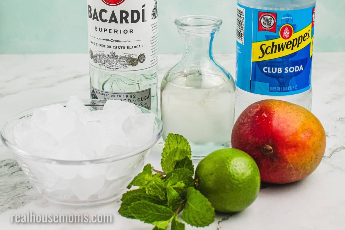 ingredients to make a mango mojito on a counter