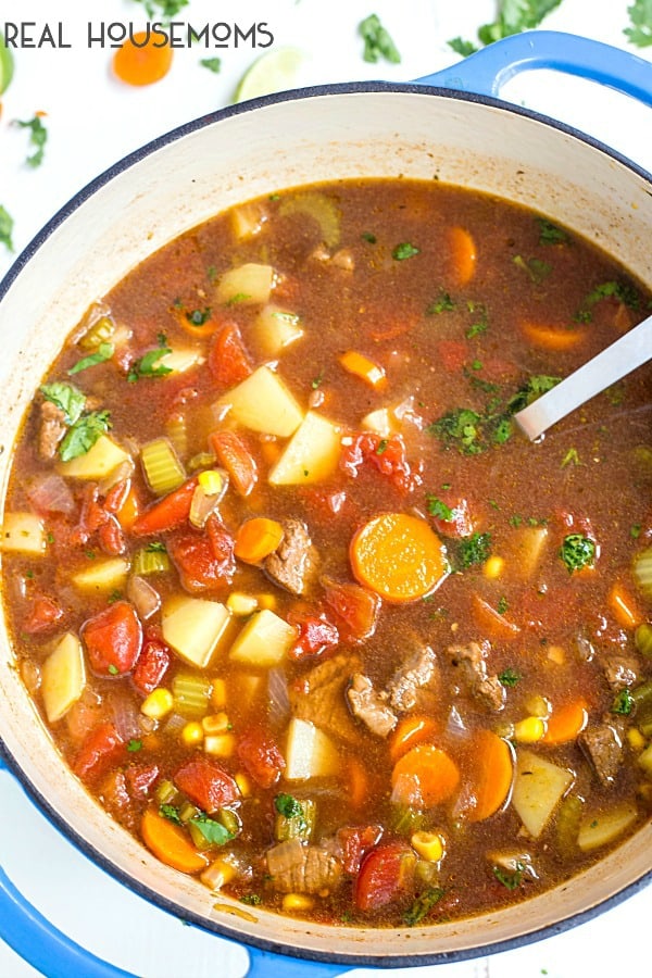 MEXICAN BEEF AND VEGETABLE SOUP is a family-favorite loved by all! This soup tastes like it's simmered all day, but only takes 30 minutes from start to finish!