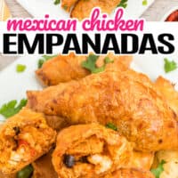 top picture is mexican chicken empanadas piled up with two broken in half to show filling inside, bottom picture is a pile of Mexican chicken empanadas with pink and black title lettering in the middle of image