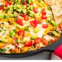 mexican spinach dip in a cast iron skillet with recipe name at the bottom
