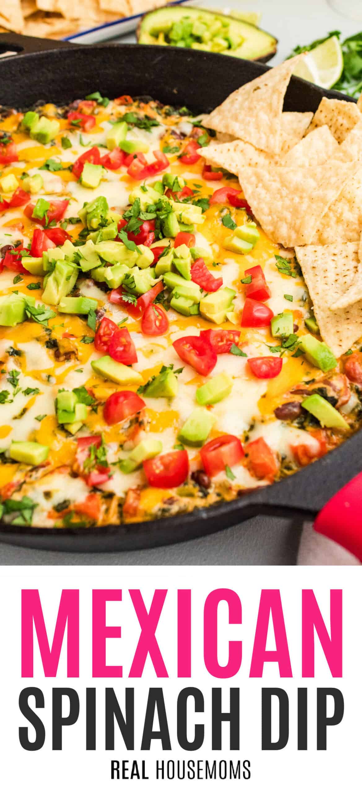 mexican spinach dip in a cast iron skillet with recipe name at the bottom