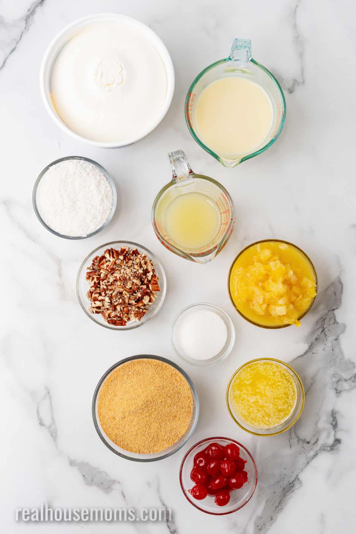 ingredients to make million dollar pie in bowls on a counter