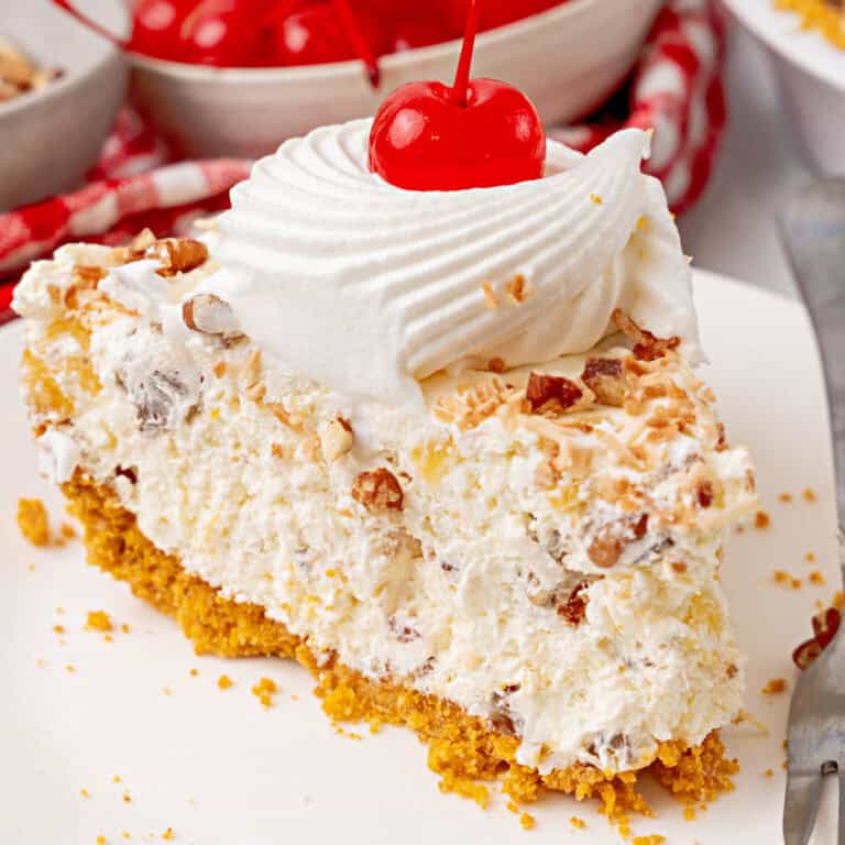 square image of a slice of million dollar pie on a small white plate