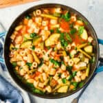 square image looking down at a pot of minestrone soup