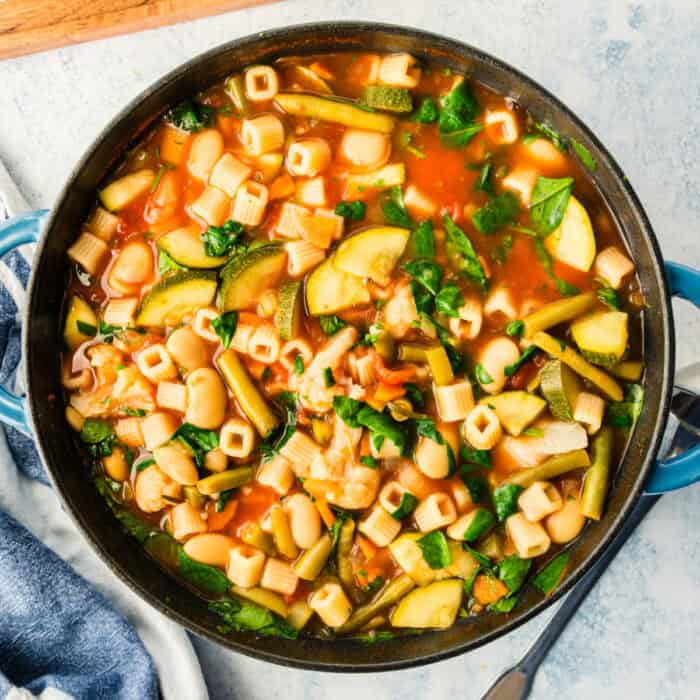 square image looking down at a pot of minestrone soup