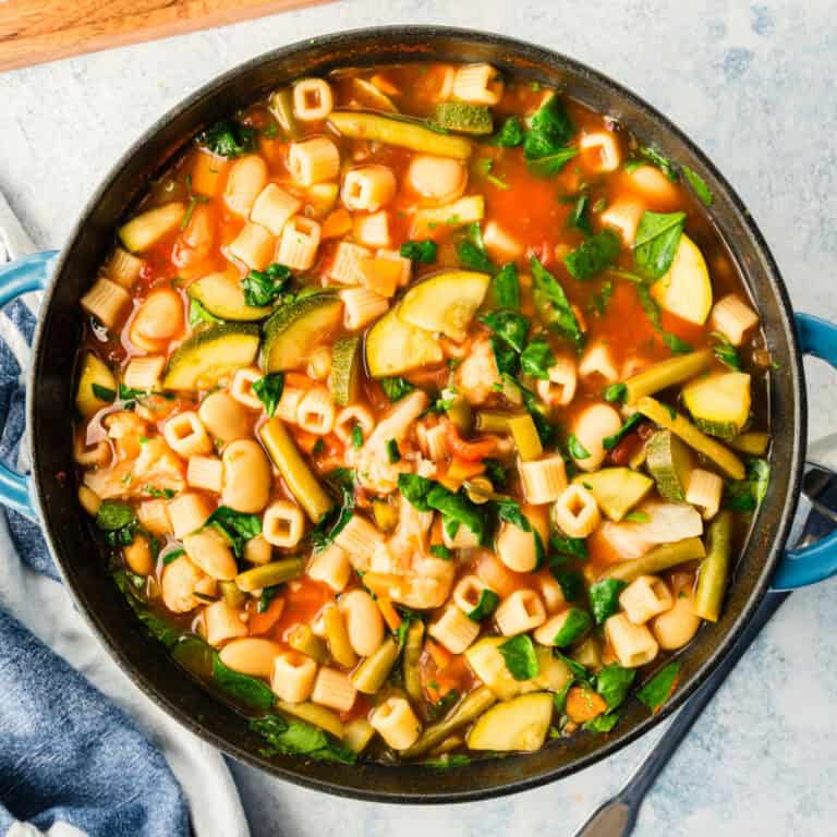 square image looking down at a pot of minestrone soup
