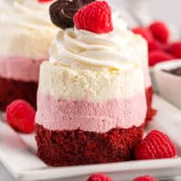 mini raspberry mousse cakes on a serving platter with fresh raspberry with recipe name at bottom
