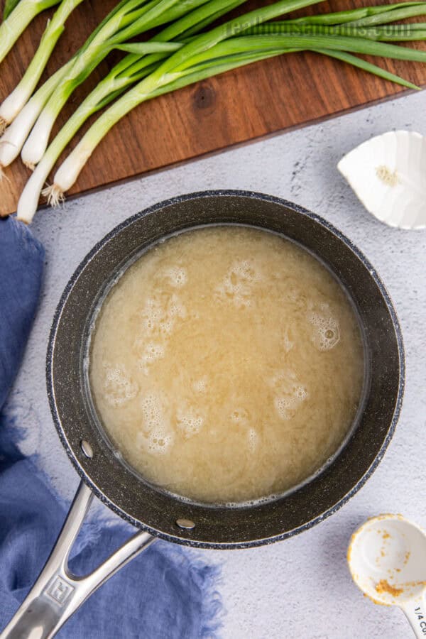 miso soup base in a saucepan after stirring in the miso