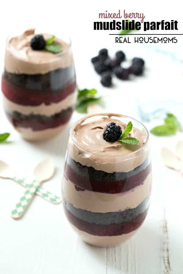 This MIXED BERRY MUDSLIDE PARFAIT is layered with boozy mudslide mousse, crumbly cookies, and a sweet & tart berry puree for a flavorful dessert that's incredibly rich!