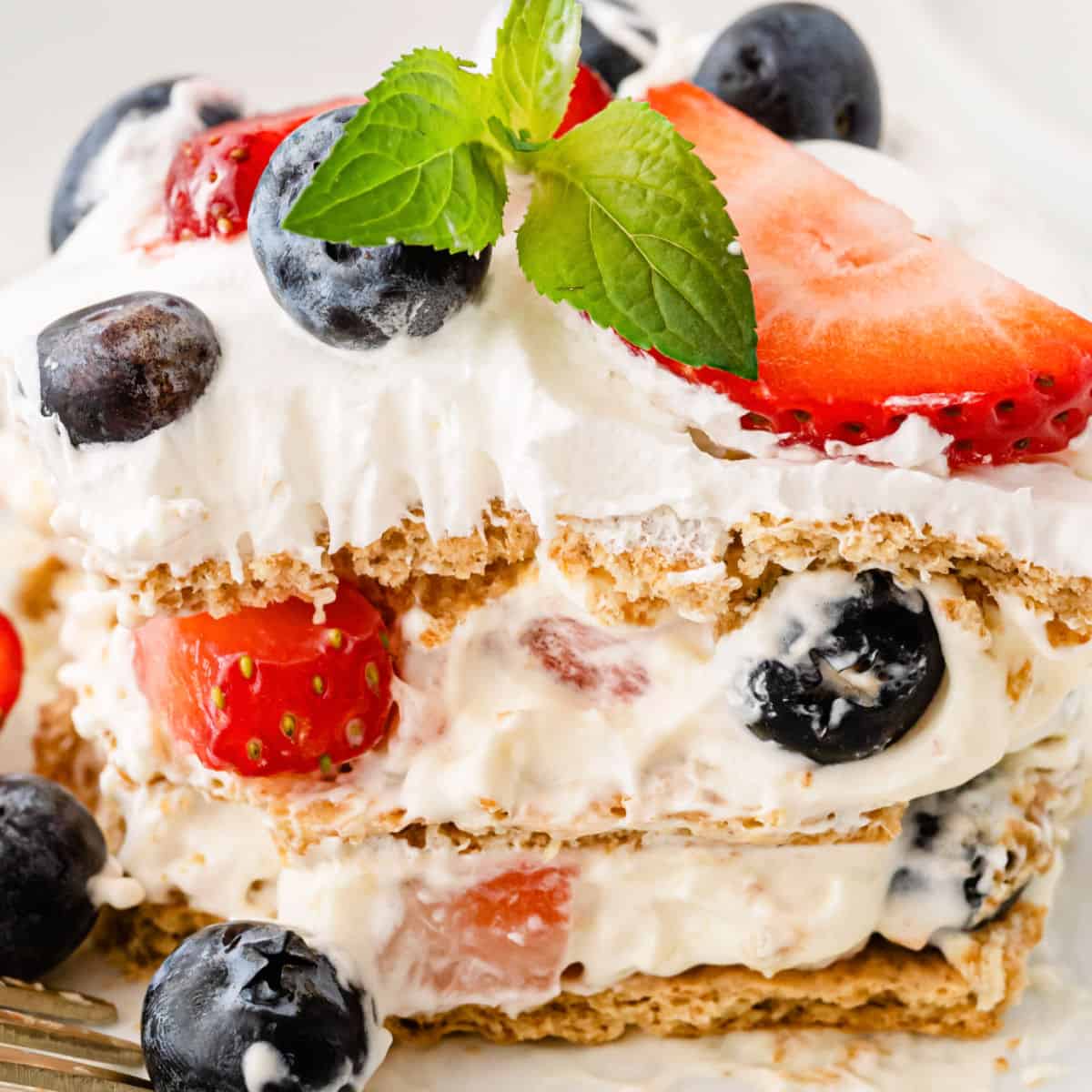 squar eimafe of a berry icebox cake slice with a sprig of mint on top