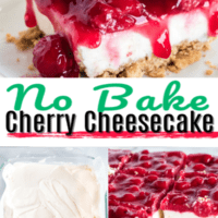 Collage of images of cherry cheesecake. top image is a slice on a plate, bottom left is cheesecake going into the pan with no topping and bottom right is of the finished cheesecake with a slice missing in the pan