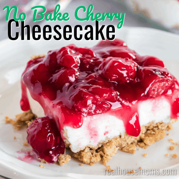 square image of cherry cheesecake slice with text
