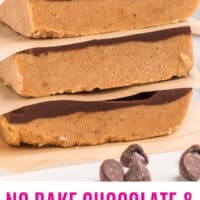 stack of no bake chocolate & peanut butter bars with recipe name at bottom