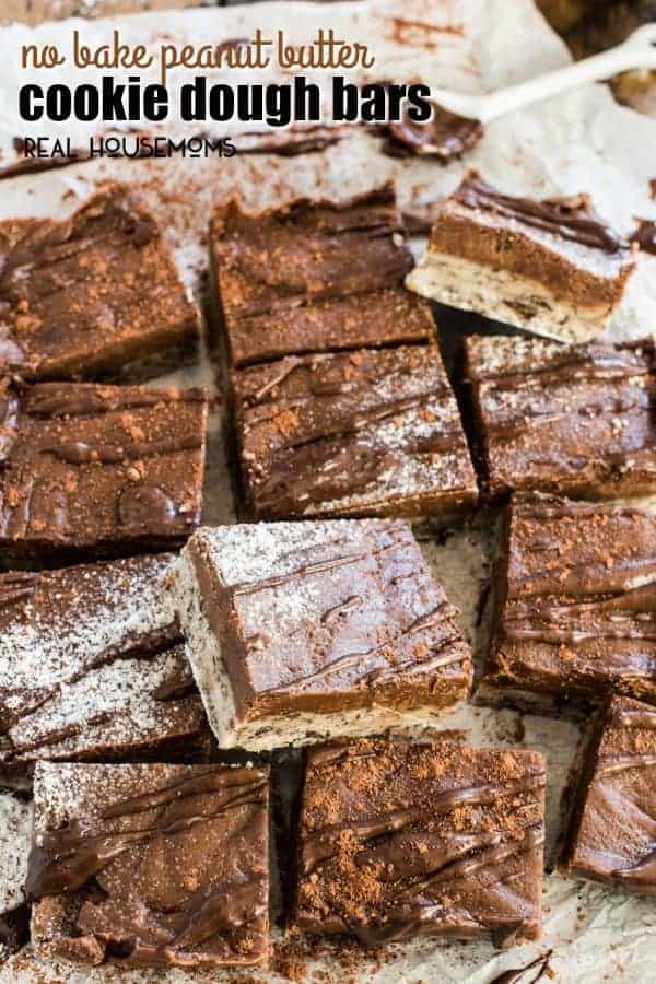 These delicious NO BAKE PEANUT BUTTER COOKIE DOUGH BARS are the ultimate treat! They're made with an egg-free (and dairy-free!) cookie dough base and a chocolate peanut butter topping. They're a naturally vegan dessert and totally addictive!