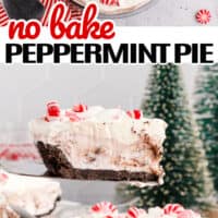 top is an over the top shot of a whole no bake peppermint pie, bottom picture is a slice on a cake server of no bake peppermint pie
