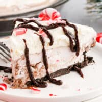 square image of no bake peppermint pie slice on a plate