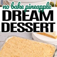 top image of pineapple dream dessert topped with cool whip and a fresh piece of pineapple on top, bottom image is no bake pineapple dream dessert win a clear pan with some missing in the middle. In the middle of the two pictures is the title of the post in green and black lettering