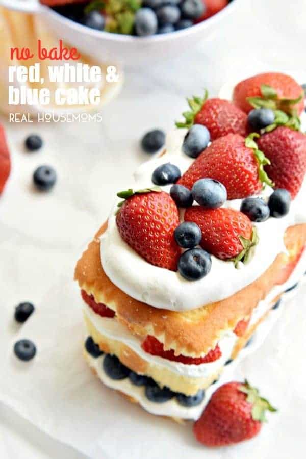 This NO BAKE RED WHITE AND BLUE CAKE is made with pound cake, whipped topping, and lots of fresh summer berries!