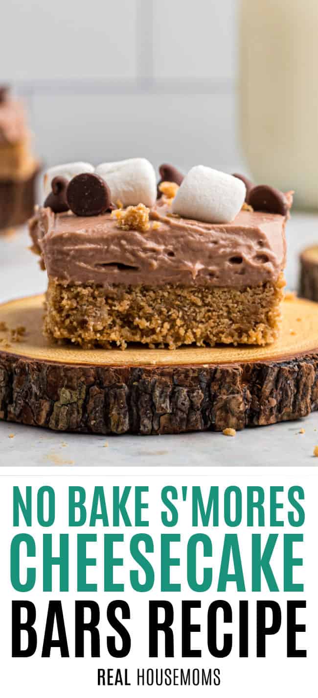 slice of no bake s'more cheesecake on a plate with marshmallows and chocolate chips