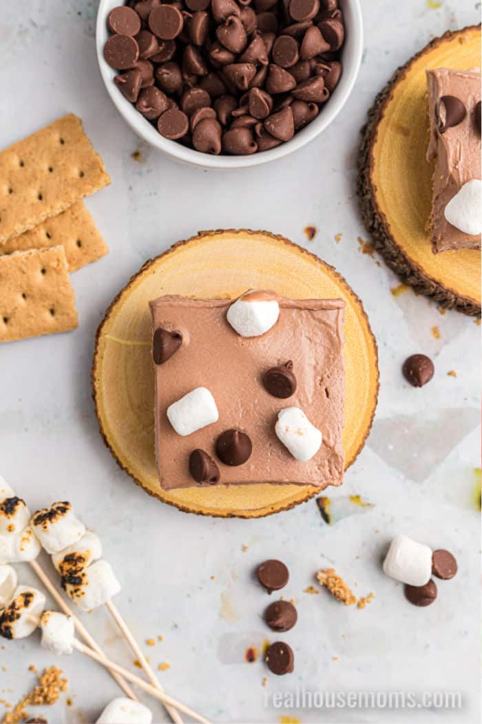 looking down at a no bake s'mores cheesecake bar on a plate with graham crackers, chocolate chips, and toasted marshmallows around it