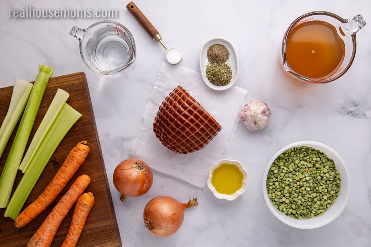 looking downa t ingredients to make split pea soup on a couunter
