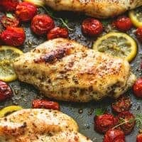 Easy One Pan Baked Italian Chicken & Tomatoes is the perfect simple and healthy sheet pan dinner for busy nights, with great flavors and cleanup is a cinch!