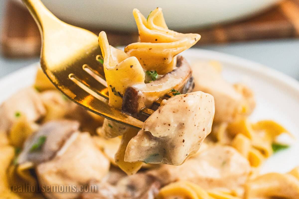 close up of a bite of chicken stroganoff on a fork over the plate