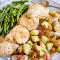 This easy One Pan Ranch Chicken Dinner is a guaranteed family favorite! Throw everything on a sheet pan, bake, and serve. So simple!
