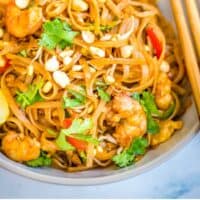 one pot pad thai in a bowl with chopsticks