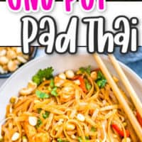 two images, top close up of pad thai, bottom pad thai in a bowl with chopsticks, pink lettering