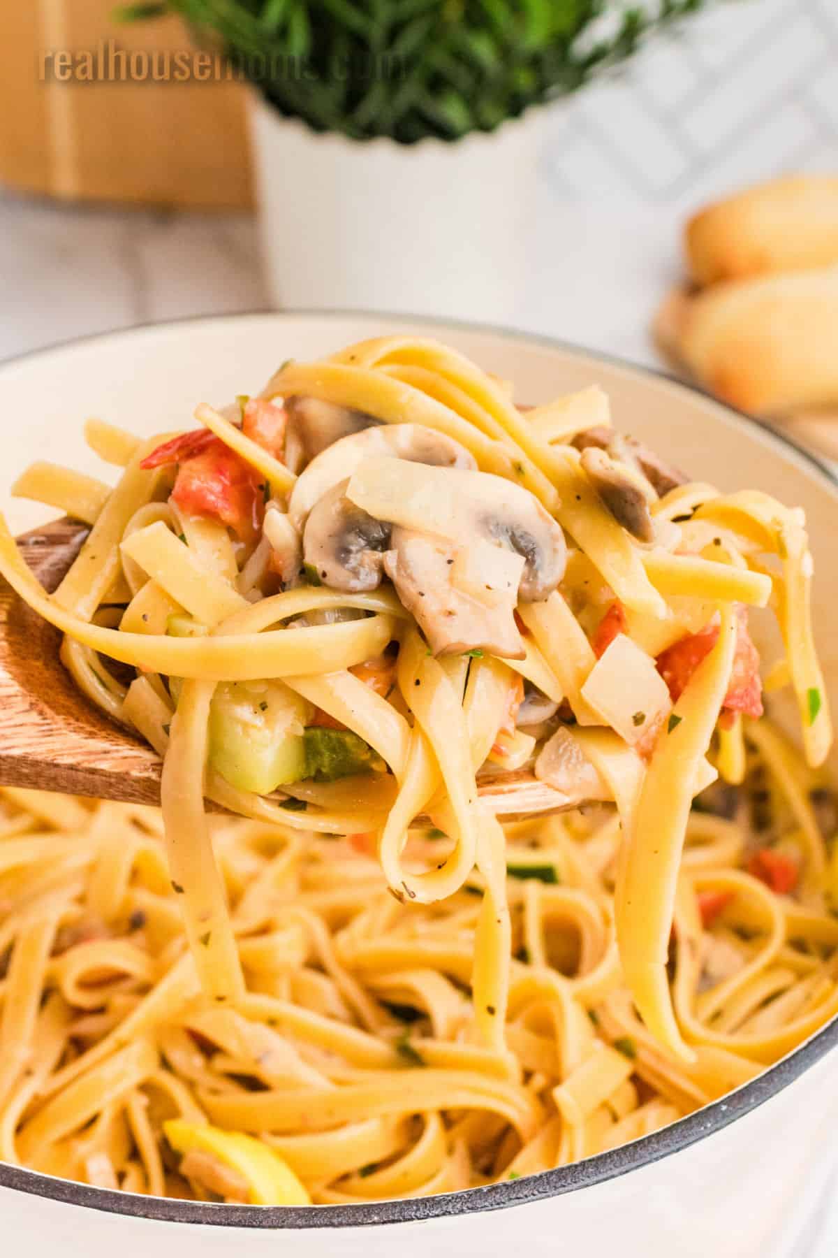 spoonful of vegetable pasta over the pot