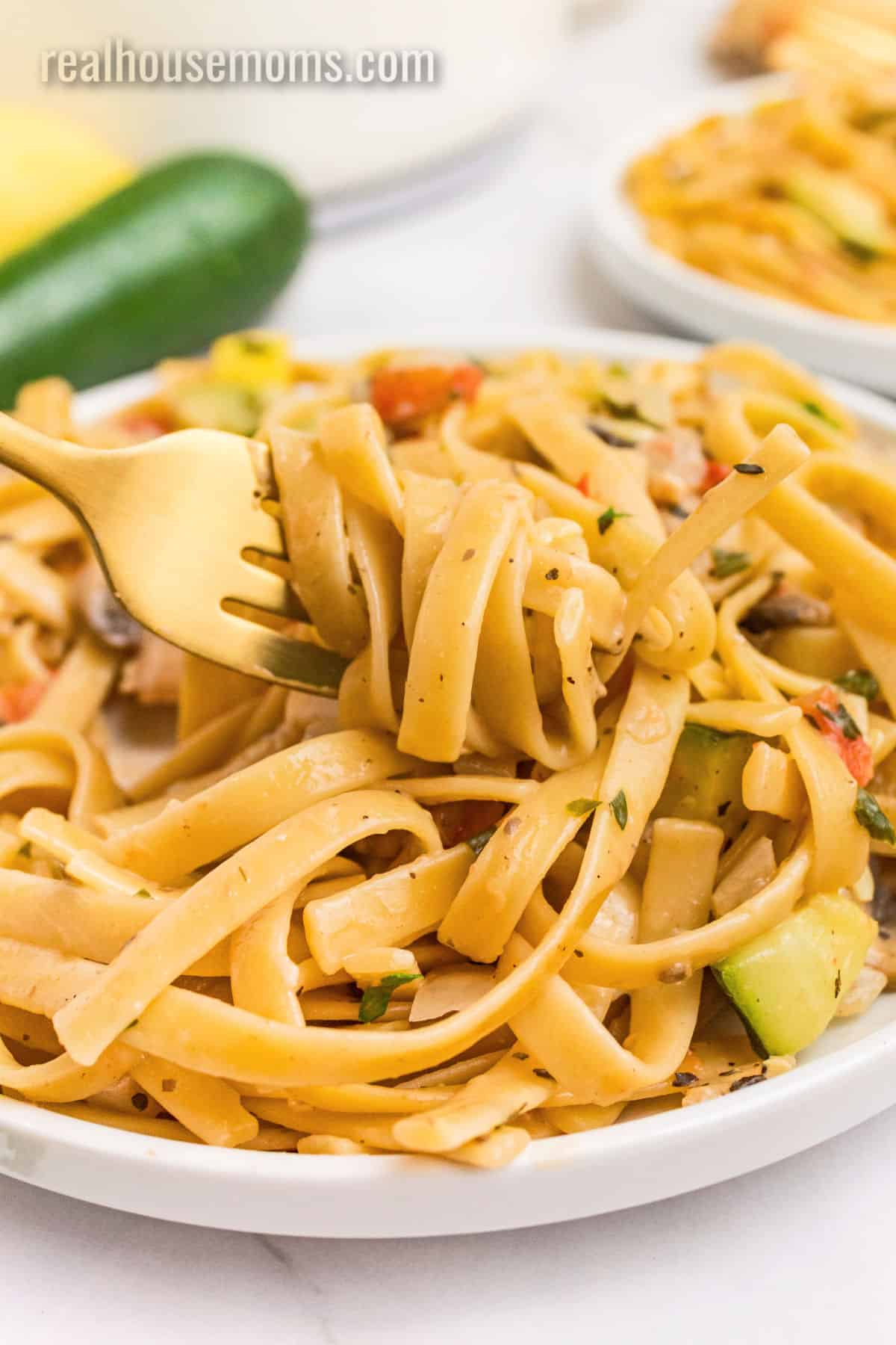 forkful of one pot vegetable pasta being taken from a plate