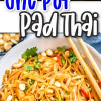 two images, top of one pot pad thai close up, bottom pad thai in a bowl with chopsticks