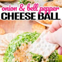 top is a picture showing inside of the onion and bell pepper cheeseball, bottom is a hand dipping into the onion and bell pepper cheese ball