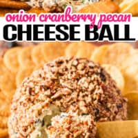 top picture of an Onion Cranberry Pecan Cheese Ball with a portion taken out to show the filling, bottom picture is a full cheeseball with a cheese nice cutting part of the cheeseball, in the middle of the two picture is the title of the post in pink and black lettering