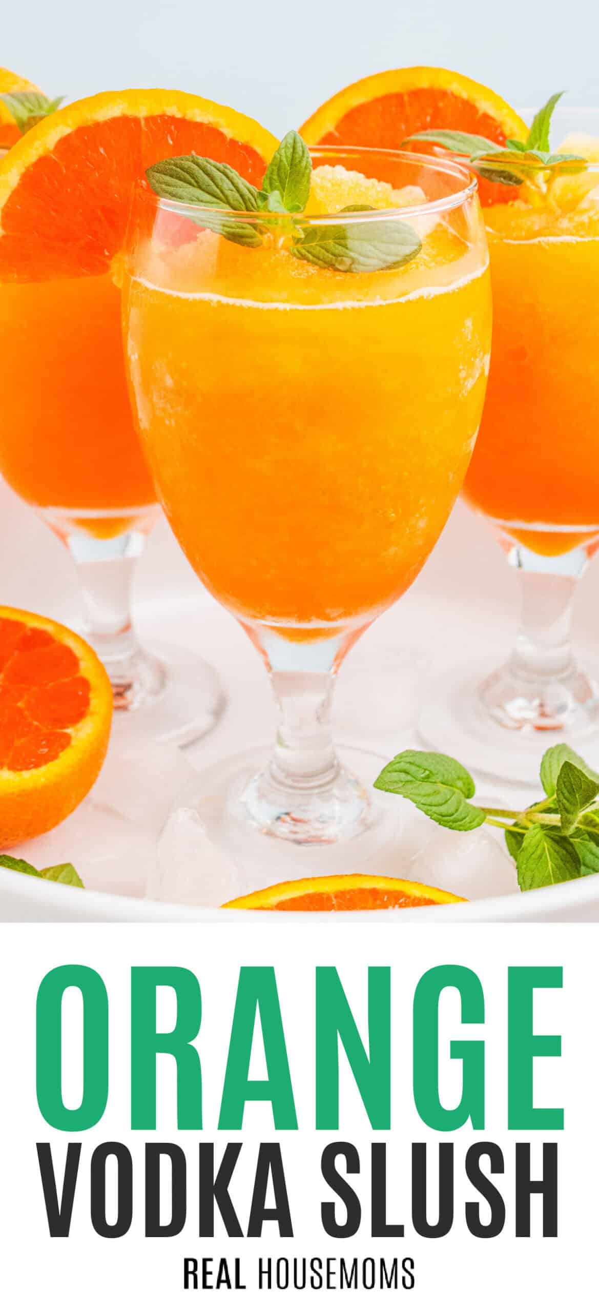 orange vodka slushes on a white serving tray with recipe name at the bottom