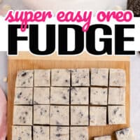 top picture of oreo fudge stacked on a white bowl, bottom picture is over the top shot of the fudge being but into squares on top of a wooden board. Middle of the two pictures with the title of the post in the middle of the two pictures with the title in pink and black