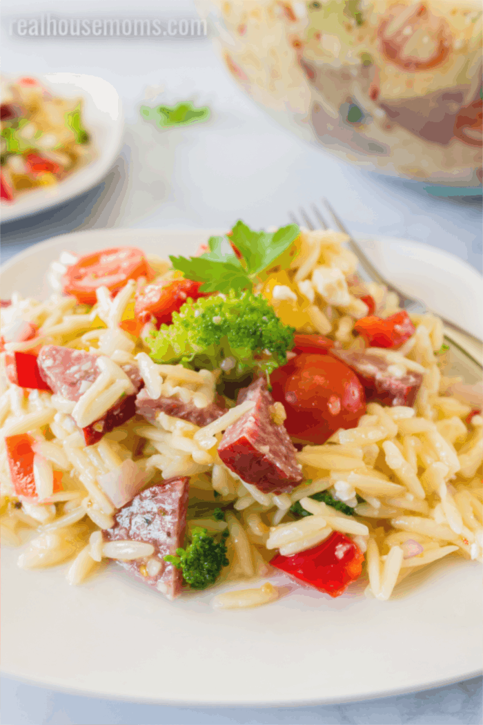 close up of orzo pasta salad on a plate 