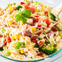 Orzo Pasta Salad is one of the tastiest and easiest summer sides! I love the color and fresh veggies mixed together with the little grains of orzo pasta!