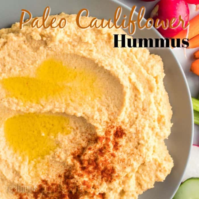 square image of cauliflower hummus with text