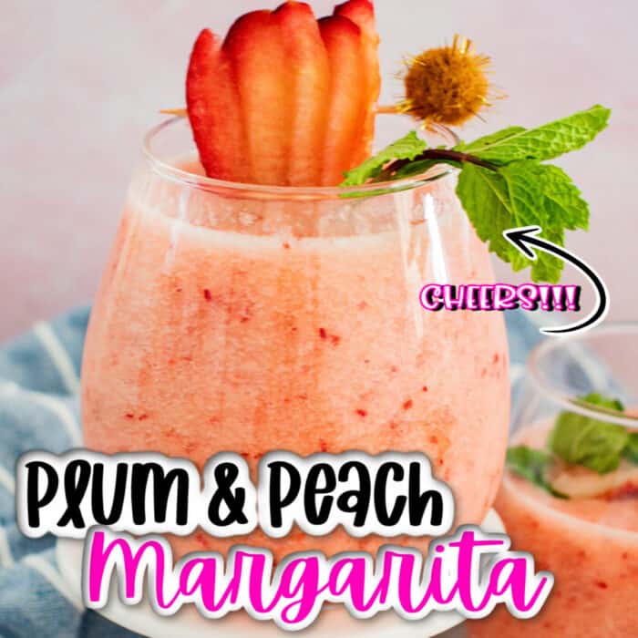 square image of Plum & Peach Margarita with strawberry garnish 